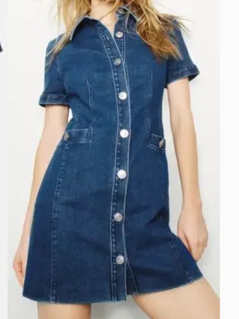 Toccin Denim Dress Short Sleeve Button Front Collared Mini Shirtdress Blue 10